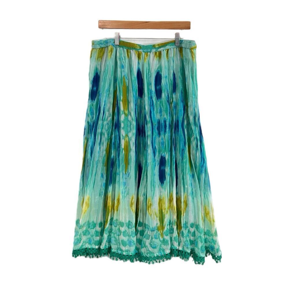 Coldwater Creek Womens Size PL Green Maxi Swing Skirt Watercolor Forest Fairy